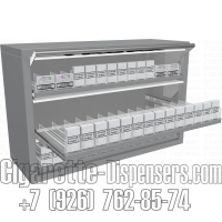 Металлический диспенсер для сигарет с синхронными створками c тремя уровнями полок в открытом состоянии