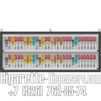 Диспенсер два уровня полок для реализации электронных сигарет с синхронными створками в открытом состоянии вид спереди